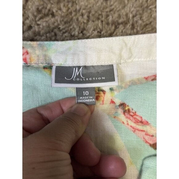 JM Collection 100% Linen Vneck Blouse Top Abstract Print Buttons Roll Tab Sz 10 - Picture 2 of 6